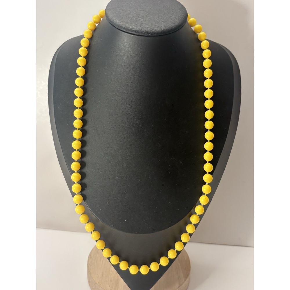 Vintage Yellow Acrylic Bead Necklace Knotted Strand 24.5" Retro Mod